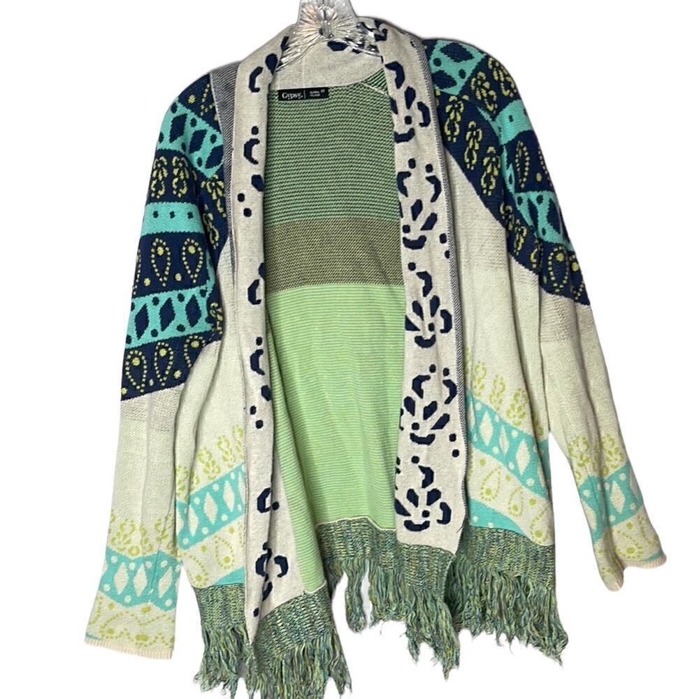 Gypsy05 Fringe Trim Multi Color Shawl Cardigan.  Size XS.‎